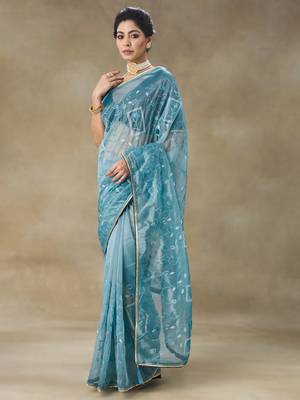Blue Embroidered Net With Blouse Piece 5