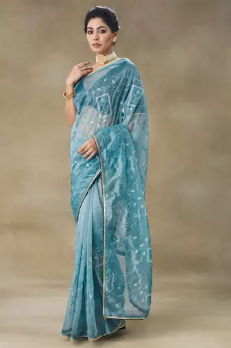 Blue Embroidered Net With Blouse Piece
