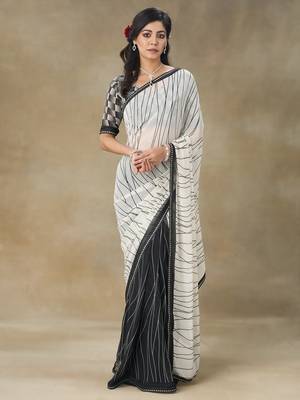 White Printed Pure Chiffon With Blouse Piece 1