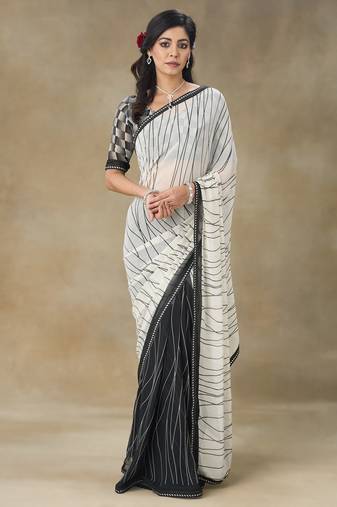 White Printed Pure Chiffon With Blouse Piece