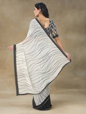 White Printed Pure Chiffon With Blouse Piece 2