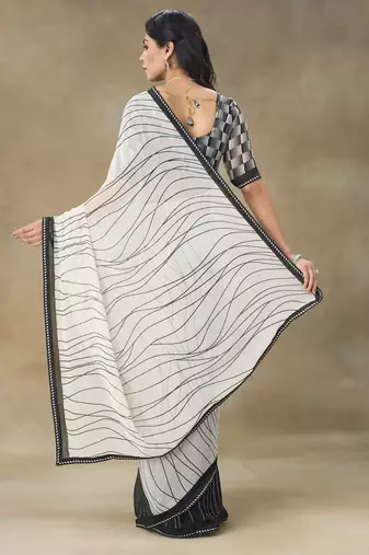 White Printed Pure Chiffon With Blouse Piece