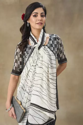 White Printed Pure Chiffon With Blouse Piece