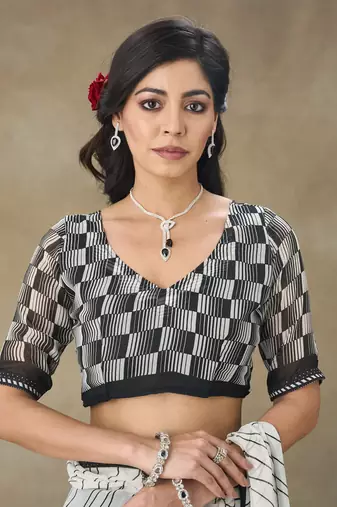 White Printed Pure Chiffon With Blouse Piece