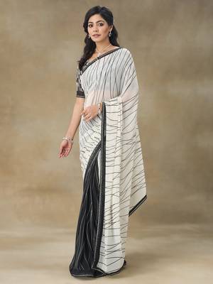 White Printed Pure Chiffon With Blouse Piece 5