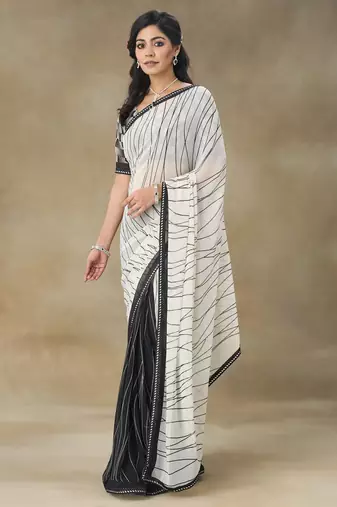 White Printed Pure Chiffon With Blouse Piece