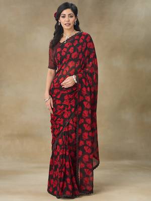 Red Printed Pure Chiffon With Blouse Piece 1