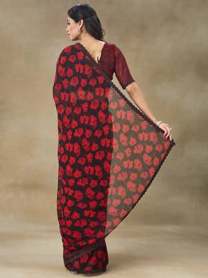 Red Printed Pure Chiffon With Blouse Piece 2