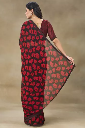 Red Printed Pure Chiffon With Blouse Piece