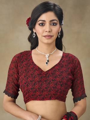 Red Printed Pure Chiffon With Blouse Piece 3