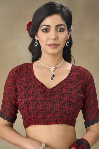 Red Printed Pure Chiffon With Blouse Piece