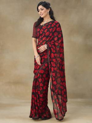 Red Printed Pure Chiffon With Blouse Piece 4