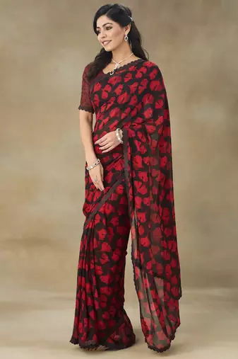 Red Printed Pure Chiffon With Blouse Piece