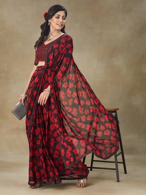 Red Printed Pure Chiffon With Blouse Piece 5