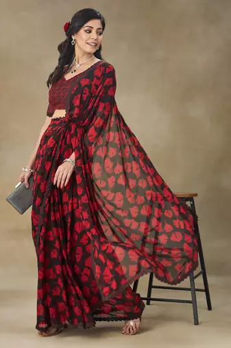 Red Printed Pure Chiffon With Blouse Piece
