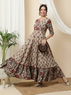 Light Brown Cotton Long Anarkali Kurta with Multicolor Floral Print 1