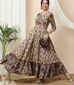 Light Brown Cotton Long Anarkali Kurta with Multicolor Floral Print