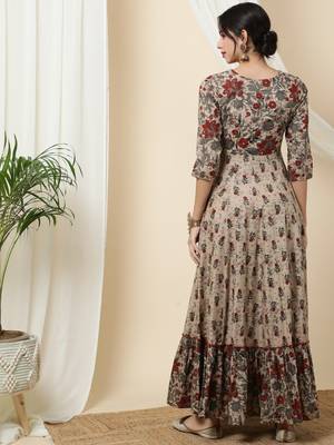 Light Brown Cotton Long Anarkali Kurta with Multicolor Floral Print 2