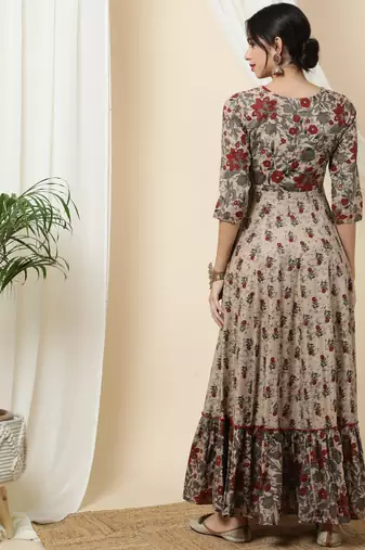 Light Brown Cotton Long Anarkali Kurta with Multicolor Floral Print