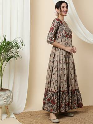 Light Brown Cotton Long Anarkali Kurta with Multicolor Floral Print 3