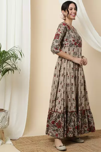 Light Brown Cotton Long Anarkali Kurta with Multicolor Floral Print