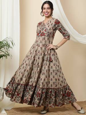 Light Brown Cotton Long Anarkali Kurta with Multicolor Floral Print 5