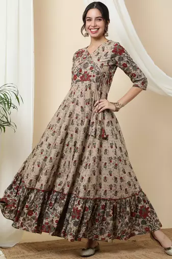 Light Brown Cotton Long Anarkali Kurta with Multicolor Floral Print