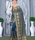 Teal Blue Zari Stone Embroidery Work Silk Saree