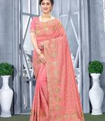Peach Zari Stone Embroidery Work Silk Saree