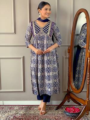Blue Women Printed and Embroidered Rayon Kurta Pant Dupatta Set 1