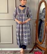 Blue Women Printed and Embroidered Rayon Kurta Pant Dupatta Set