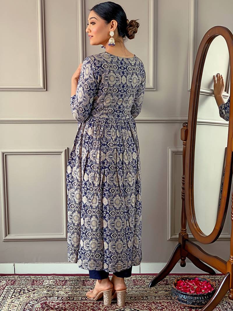 Blue Women Printed and Embroidered Rayon Kurta Pant Dupatta Set