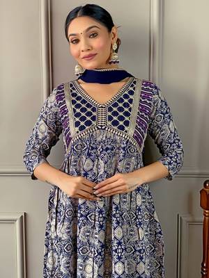 Blue Women Printed and Embroidered Rayon Kurta Pant Dupatta Set 3