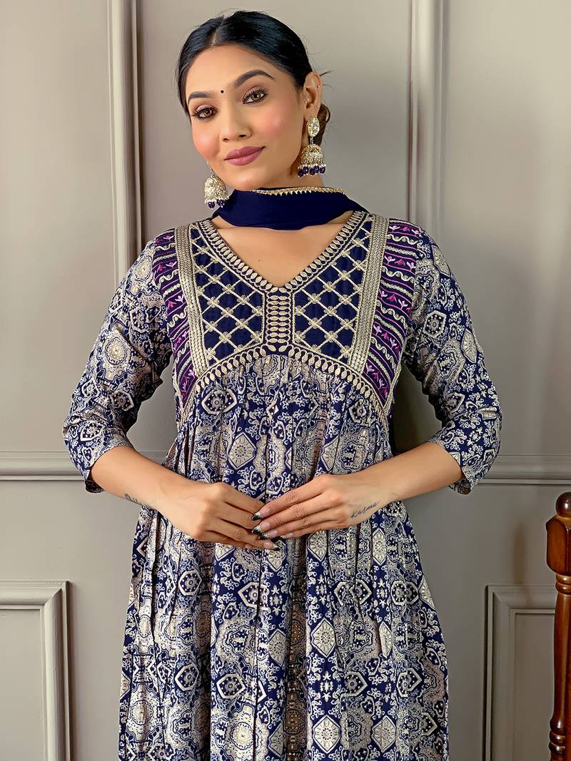 Blue Women Printed and Embroidered Rayon Kurta Pant Dupatta Set