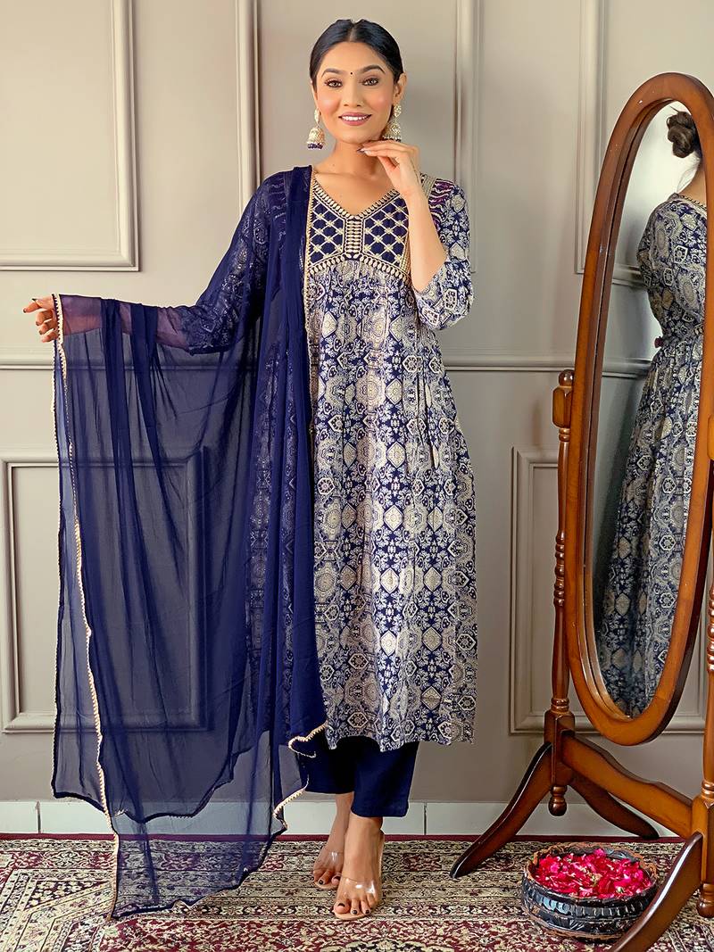 Blue Women Printed and Embroidered Rayon Kurta Pant Dupatta Set