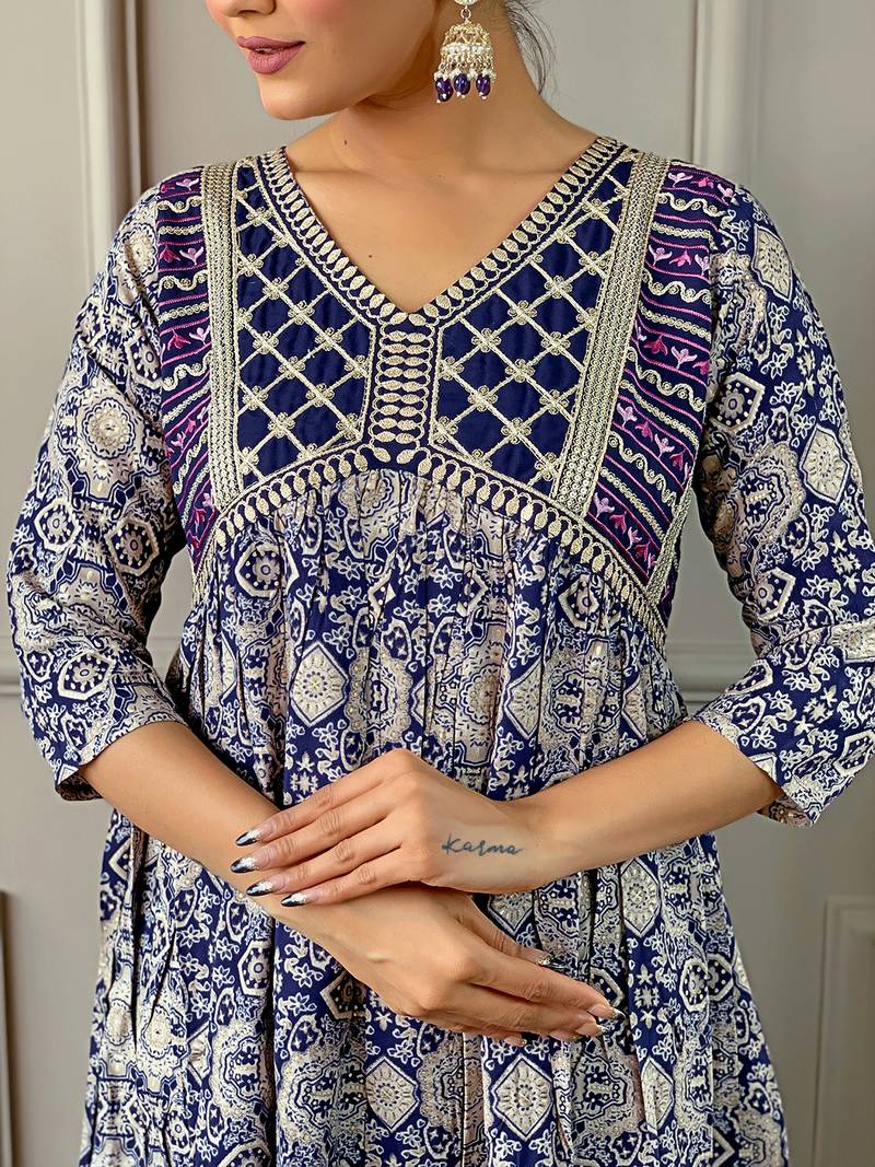 Blue Women Printed and Embroidered Rayon Kurta Pant Dupatta Set