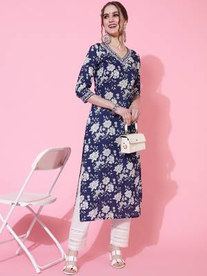 Sa Rasa Blue Cotton Floral Print Straight Kurta 1