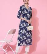 Sa Rasa Blue Cotton Floral Print Straight Kurta