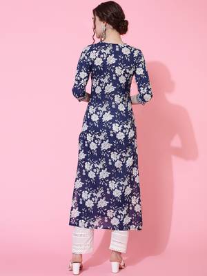 Sa Rasa Blue Cotton Floral Print Straight Kurta 2