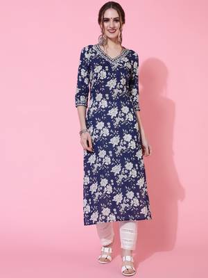 Sa Rasa Blue Cotton Floral Print Straight Kurta 3