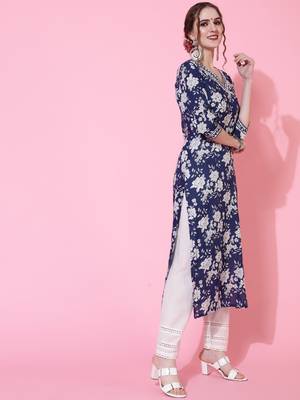 Sa Rasa Blue Cotton Floral Print Straight Kurta 5