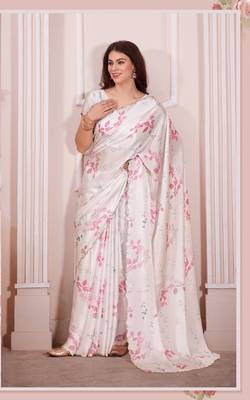 White printed satin saree with blouse 1