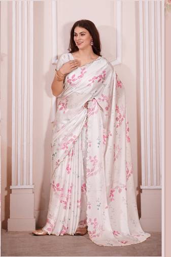 White printed satin saree with blouse