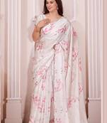 White printed satin saree with blouse