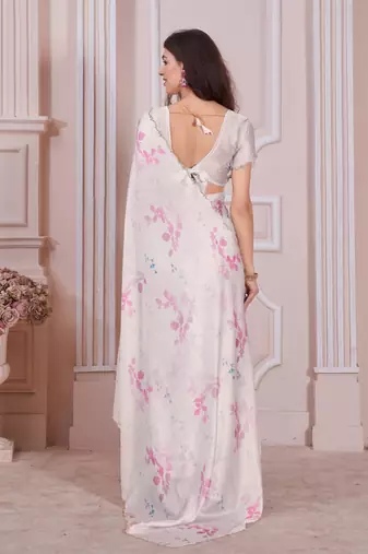White printed satin saree with blouse