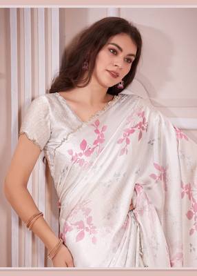 White printed satin saree with blouse 3