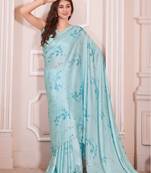 Blue Printed Satin Saree With Blouse