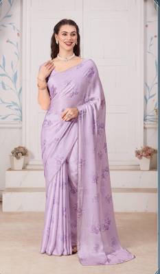 Purple Printed Satin Saree With Blouse 1
