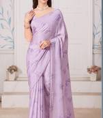 Purple Printed Satin Saree With Blouse