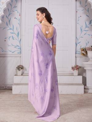 Purple Printed Satin Saree With Blouse 2